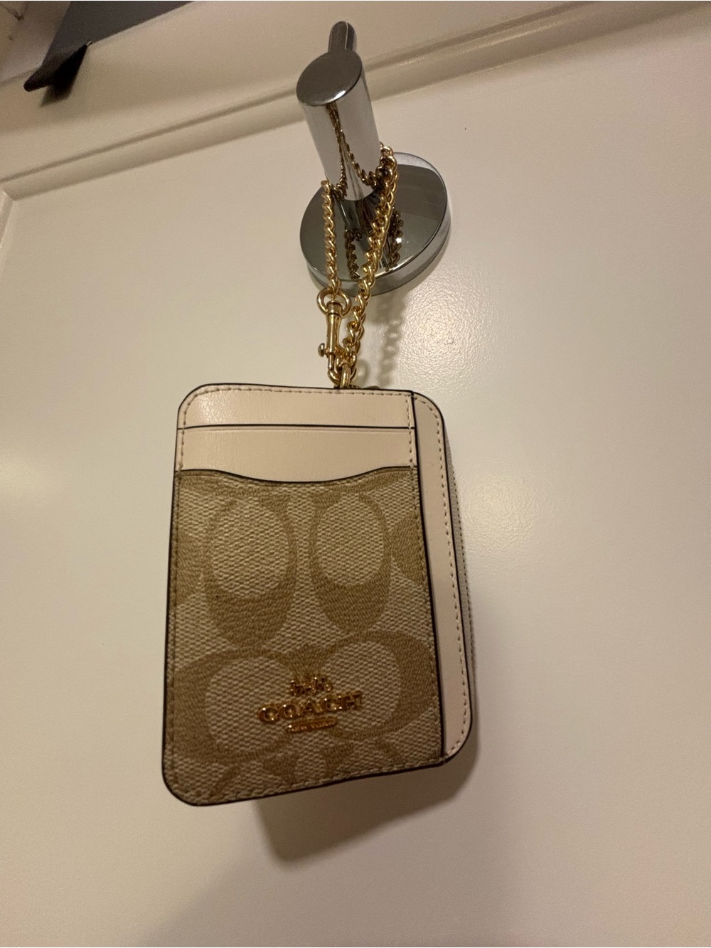 Coach Beige Signature Card Case Crossbody with Gold Chain